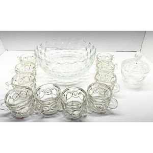 Vintage TIFFIN Franciscan Clear Glass Moon & Stars 10 Cups - With Bowl